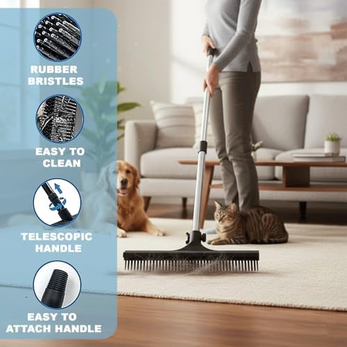 – 3 in 1 Pet Hair Removal Pro Life Carpet Rake with Adjustable Handle – Heavy Duty Dog & Cat Hair Remover for Carpet, Rug, Couch & Furniture – Reusable Lint Scraper Tool