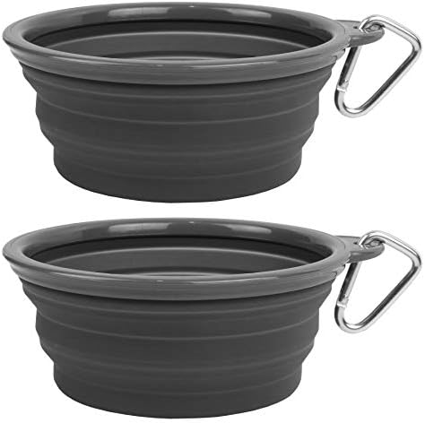 Collapsible Silicone Water Travel Bowl with Clip for Dog and Cat, Portable and Durable Pop-up Feeder for Convenient On-The-go Feeding – Size: Large (5 Cups) Grey – 2 Pack