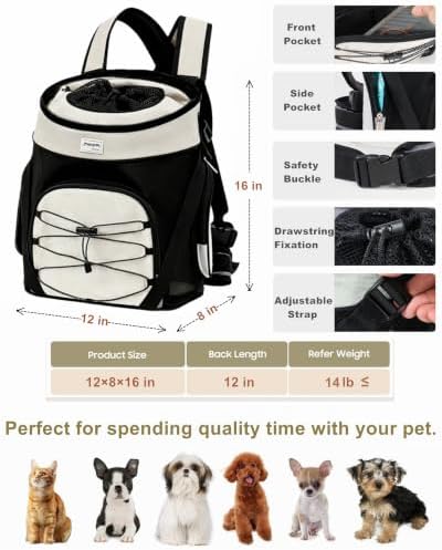 Pet Dog Carrier Backpack Small Dog Medium Cats Front Backpack with Storage Pockets,Adjustable Straps,Ventilated for Hiking Camping Travel,Max 14 lbs (Beige)