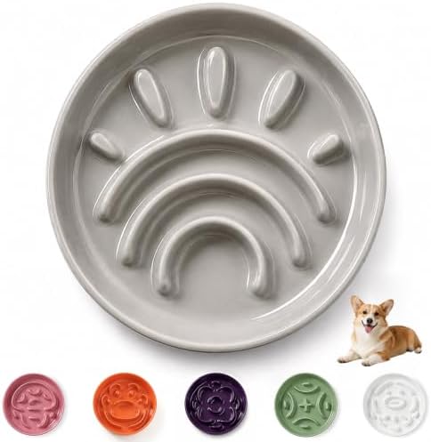 Ceramic Slow Feeder Dog Bowl, 1.8 Cups Anti -Slip Slow Feeding Bowl to Slow Down Eating, 8.2 Inch Dog Food Dish for Medium to Large Breeds, Grey