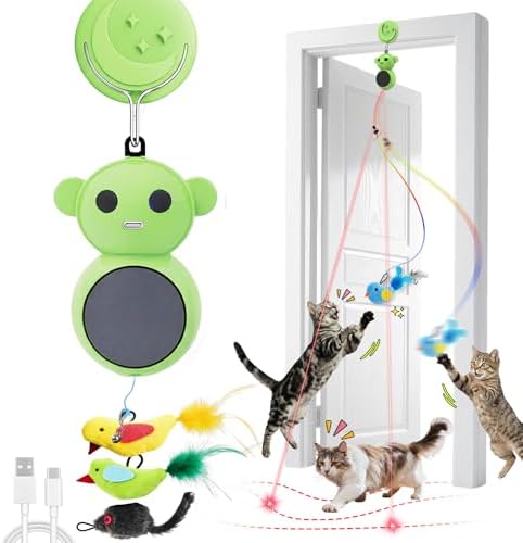 Interactive Cat Toys for Indoor Cats: 2-in-1 Laser Pointer Cat Toy with Automatic Flying Bird & Mouse Wand, Adjustable Speed USB Rechargeable Doorway Hanging Toy for Bored Kittens and Adult Cats