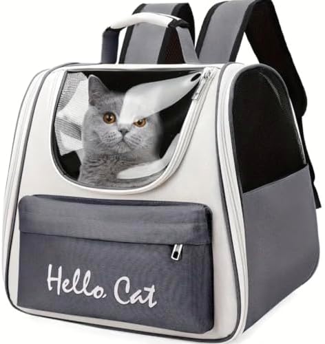 ClawsandPaws Spacious Cat Backpack Carrier, Portable Cat Carrier, Large Space for Pet, Backpack for Kitty Cat & Small Dogs up to 15lbs, Lightweight & Foldable Pet Carrier for Travel & Hiking (Grey)