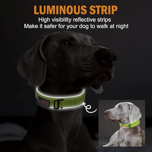 HYDEME Tactical Dog Collar, Alpine Loop Adjustable Military Training Nylon Dog Collars with Handle and Reflective for Small Medium Large Dogs, with Airtags Protective Case & Patches.(M,GrassGreen)