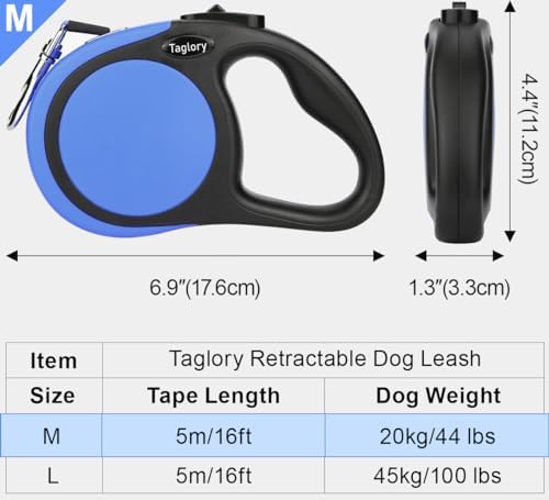 Taglory Retractable Dog Leash, One-Handed Brake, 16ft, Up to 44 lbs, Blue