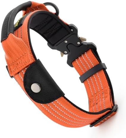 Plutus Pet Tactical Dog Collar with Pocket for AirTag, Orange, M