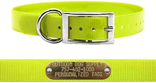 Heavy Duty Waterproof D-Ring Dog Collar w Custom Name Tag, Yellow 21"