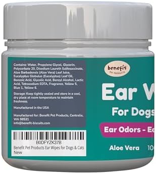 Benefit Pet Products Dog Ear Wipes - Ear Cleaner for Dogs to Prevent Infections, Itching & Odor - Aloe & Eucalyptus, Grooming Wipes - 100 Count