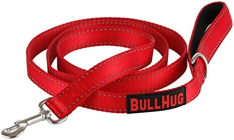 BULLHUG 6 FT Bulldog Leash with Padded Handle. Perfect for Bulldogs, French Bulldogs, Pugs & All Breeds. Leashes for Walking, Training Lead for Bulldogs (Reflective Stitching, Bright RED)