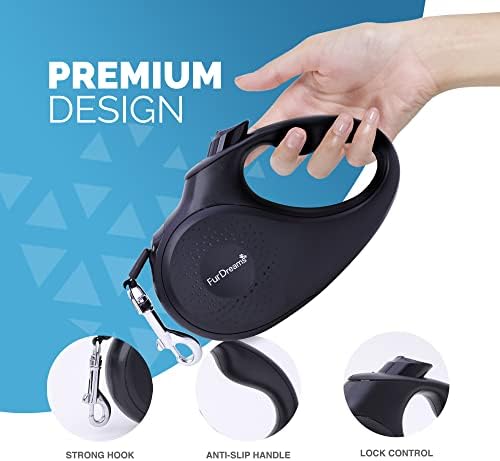 FurDreams Dog Lead - Retractable, Anti-Tangle Nylon Tape Leash Lock Button, Comfortable Handle, Multiple Sizes & Colours - 5m Extendable for Dogs Under Your Control! Heavy Duty Small Up to 15kg