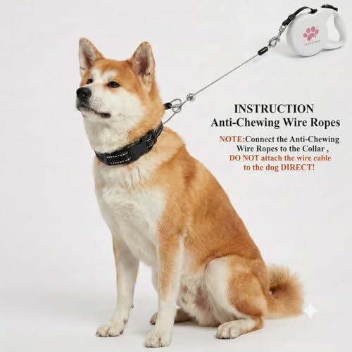 Chew Proof Retractable Dog Leash for Medium Dogs up to 44lbs, 16ft Heavy Duty Dog Lead with Anti-Chewing Steel Wire Rope, Tangle-Free, One-Hand Brake & Lock, White M