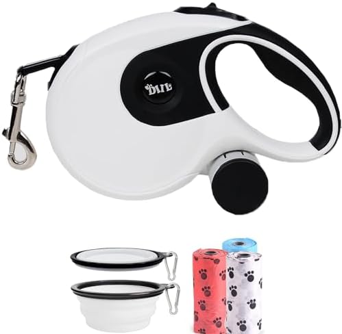 Retractable Dog Leash Heavy Duty 360°Tangle-Free Pet Walking Leashes Anti-Slip Handle 16ft Strong Nylon Cord with Poop Bag Dispenser&Bowl for Medium Large Small Dog(White)
