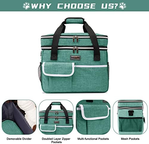 BAGLHER Dog Travel Bag for Supplies - Double-Layer Airline Approved Weekend Pet Travel Organizer Set for Dog and Cat Tote with 2 Pet Food Containers and 2 Collapsible Silicone Bowls Green