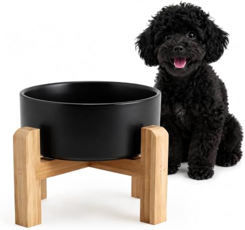 Elevated/Raised Ceramic Dog Bowl with Bamboo Stand，6 Inch 3.6 Cups Non Slip Heavy Weighted Single Pet Dish, for Small Medium Breed & Cats,Reduces Neck Strain Black