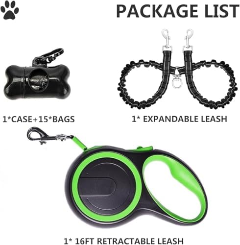 Dual Retractable Dog Leash for 2 Dogs - 16ft Heavy-Duty Retractable Leash for Small to Medium Dogs up to 44lbs, One-Hand Control with Lock & Brake, Anti-Tangle Design & Non-Slip Grip (Green)