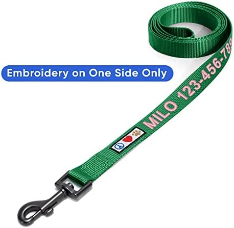 Pawtitas Personalized 6 ft Lush Green Dog Leash XXS/Cat Custom Name and Phone Embroidery Strong Nylon Leash for Small Breeds