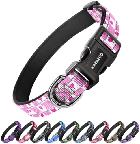 Kazazoo Medium Dog Collar, Reflective Nylon Collar,No Pull,Soft Neoprene Breathable & Quick Release Buckle Dog Collars for Bulldog,Husky,Border Collie Pink Flower-M