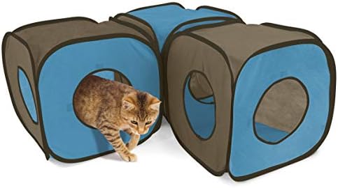 Kitty City Pop-Up Rolling Cat Cube Toy, Collapsible Indoor Cat Play Cube with Peekaboo Openings & Hanging Tassel, Lightweight Foldable Cat Furniture - Blue / Brown