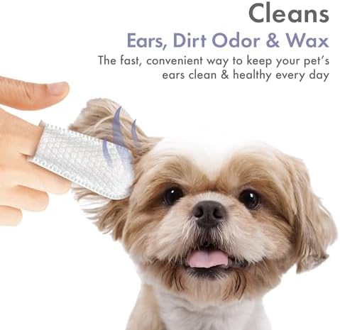 Petkin Fingertip Ear Wipes for Dogs and Cats, 100 Finger Wipes - Slip-On, Snug Fit, Micro-Bristle Fabric - Cleans Ears, Dirt, Odor and Wax - Convenient, Ideal for Home and Travel - Fresh Scent