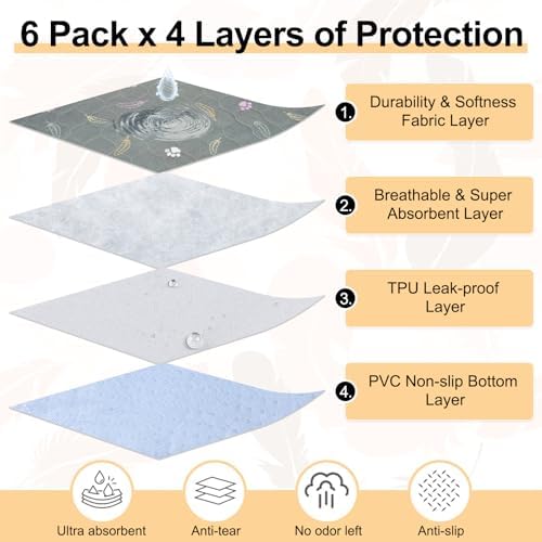 BEAUTYZOO 6 Pack Washable Pee Pads for Dogs,Reusable Puppy Pads 16x24 Gray