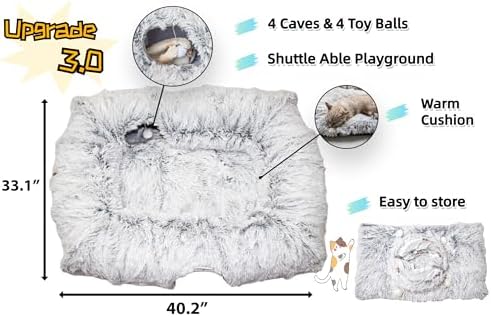 XxingSheep 4 Cave Shuttled XL Cat Tunnel Bed for Indoor Cats Peekaboo Toy Donut with Warm Mat, Yellow-Brown