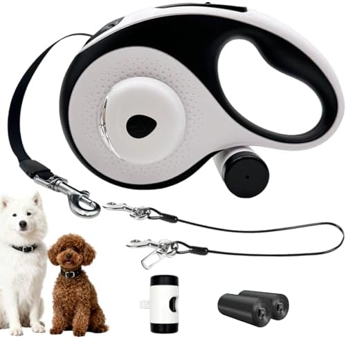 26ft Retractable Dog Leash for Large Dogs with Poop Bag Holder and LED Light,Heavy Duty Retractable Dog Leash with Chew Proof Extender,One-Hand Lock System,Impact-Resistant,Up to 110 lbs(Wihte)