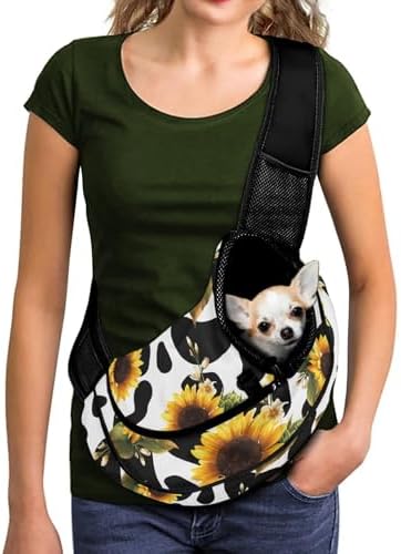 White Cow Print Cat Sling Carrier for Walk Hiking Breathable Mesh Pet Carrier Sling for Puppy Cats Teacup Toy Breed Puppies Yorkies Chihuahuas Hands Free Pet Travel Crossbody Bag