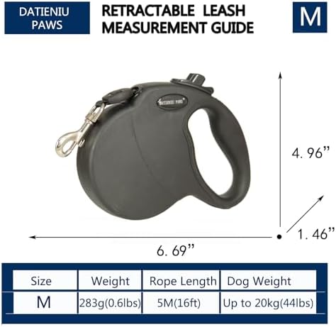 Medium 16 FT Retractable Dog Leash – Adjustable Hands-Free Leash for Dogs Up to 44lbs, Tangle-Free Nylon with Ergonomic Grip for Walking, Training & Outdoor Safety Black M