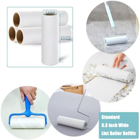 6.3 inch Large Lint Roller Refills for Pet Hair Extra Sticky Roller Refills 6.3 in Long Handle Lint Roller Replacement for Floor Carpet Couch Clothes, Pack of 4 Rolls