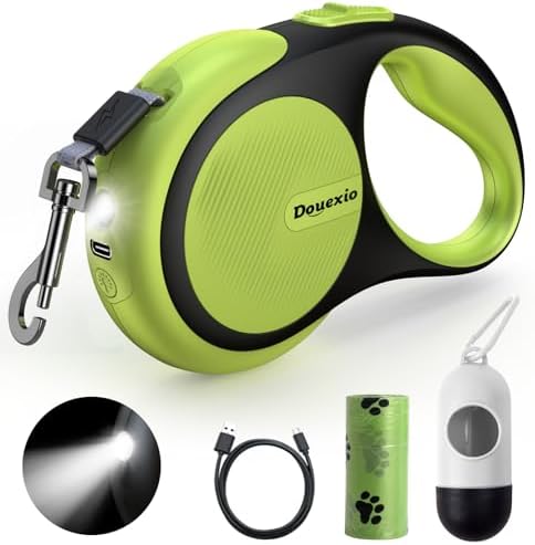 Retractable Dog Leash with LED Flashlight, Douexio Upgrade 3 in 1 Dog Leash Retractable for Small Medium Dogs Up to 66 lbs, 16ft, Anti-Slip Handle (Black-Green)