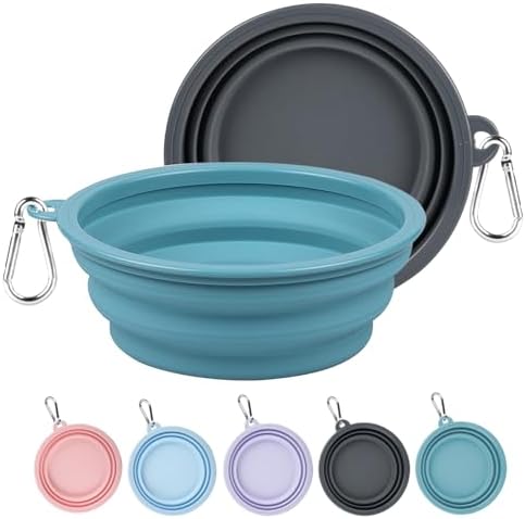 Kytely Collapsible Dog Bowls Medium, 2Pack Foldable Dog Travel Bowl, Portable Pet Water Food Bowl with Clasp, Pet Cat Feeding Cup Dish for Traveling, Walking, Hiking (Blue+Grey)