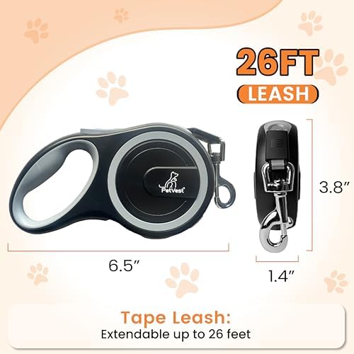 Retractable Dog Leash – Extendable up to 26 FT, Heavy Duty Nylon Tape, No-Tangle, One-Handed Brake & Lock, for Small to X-Large Dogs up to 110 lbs (Black)