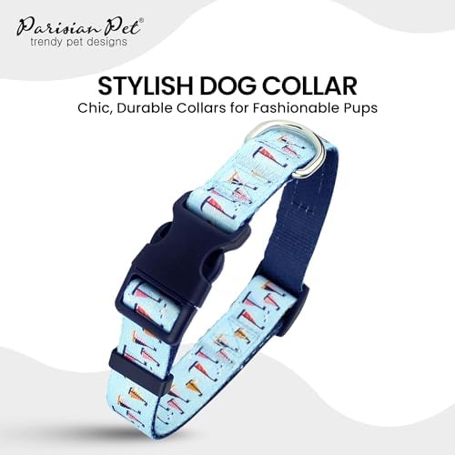 Parisian Pet Blue Sailboat Dog Collar - Adjustable Nautical Pet Collar with Secure Buckle and Metal D-Ring - Comfortable Designer Puppy Collars - Durable Nylon Dog Collars for Small Dogs