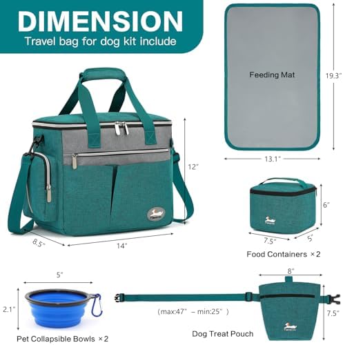 Dog Travel Bag for Pet Kit for Supplies with 2 Food Storage Containers 2 Collapsible Bowls 1 Feeding Mat 1 Dog Treat Pouch 7-Piece Set Perfect Road Trips Camping Weekend (Teal)
