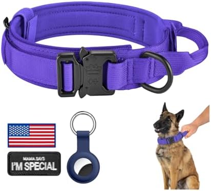 DAGANXI Tactical Dog Collar, Adjustable Military Training Nylon Dog Collar with Control Handle and Heavy Metal Buckle for Medium and Large Dogs, with Patches and Airtags Case (Purple, L)