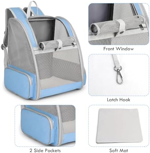 Cat Backpack Carrier, Large Pet Backpack with Kitten Wand Feather Toy for Medium Small Dog Cat Puppy Kitty Bunny up to 15lbs, Ventilated Mesh Dog Travel Carrier for Hiking Walking Outdoor Use (Blue)