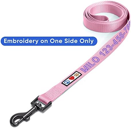 Pawtitas Personalized 6 ft Millennial Pink Dog Leash M/L Custom Name and Phone Embroidery Strong Nylon Leash for Medium and Large Breeds