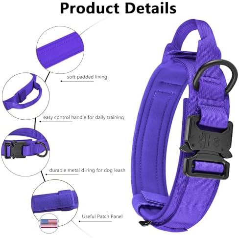 DAGANXI Tactical Dog Collar, Adjustable Military Training Nylon Dog Collar with Control Handle and Heavy Metal Buckle for Medium and Large Dogs, with Patches and Airtags Case (Purple, L)
