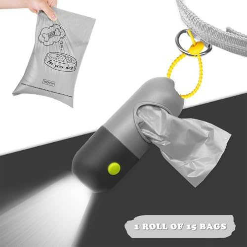 Dog Poop Waste Bags Holder with LED Flashlight|Cute Doggie Poo Bags Dispenser for Pet Leash|Trash Waste Bags Carrier with Potty Clip Fastener LR44 Button Cells Included (Grey, 1 Holder 195 Bags)