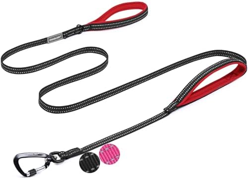 VIVAGLORY Double Handle Dog Leash Twingrip, 4ft x 1/2in, Black-Carabiner