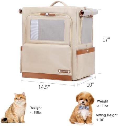 Cat Backpack Carrier for Large Cats, Shaded Waterproof Small Dog Backpack with Breathable Mesh, Soft Side Safety Pet Backpack for Hiking, Travel, Outdoor (Champagne)