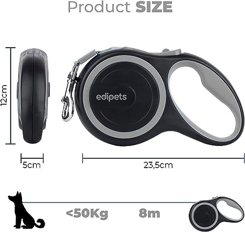Retractable Extendable Dog Leash, 3, 5 and 8 Metres, Flexible Tape for Training and Walking, with Lock and Brake, Design and Comfortable Grip (5 Metres Over 20 kg, Grey)