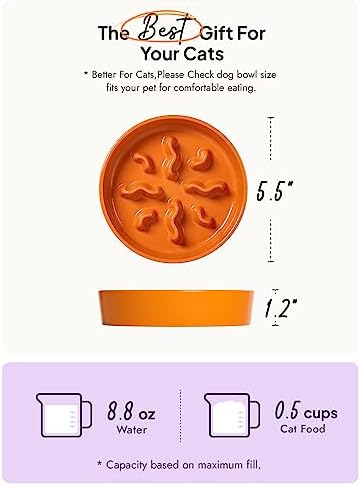 LE TAUCI PET Ceramic Slow Feeder Dog Bowls Small Breed, 0.5 Cups Dog Food Dish for Fast Eaters, Puzzle Bowl for Small Dogs and Cats, 5.5 Inch-Orange