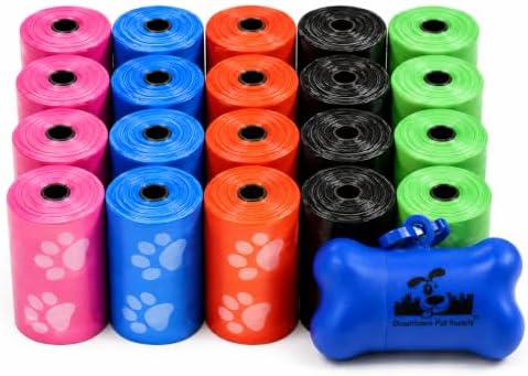 Downtown Pet Supply Poop Bags for Dogs with Dispenser, 500 Count - Leak-Proof Dog Waste Bags and Bone-Shaped Dog Poop Bags Holder for Leash - Rainbow with Paw Prints, 12.5" x 8.5"