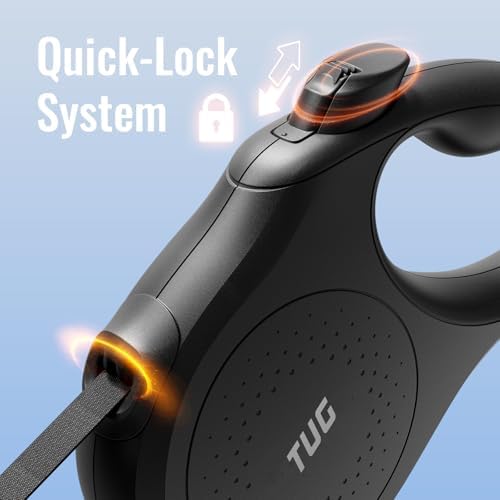 TUG Quest Retractable Dog Leash | 360° Tangle-Free | 16 ft Tape (L, Black)