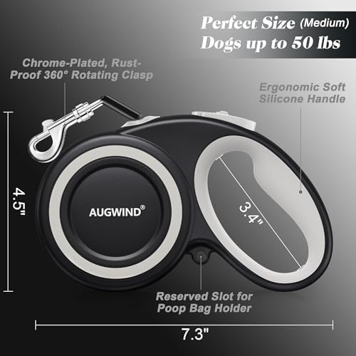 Retractable Dog Leash with Stainless Steel Anti-Chew Cable for Small & Medium Dogs up to 50 lbs | 16 ft Strong Nylon Reflective Tape | Quick Lock System (Medium, White)