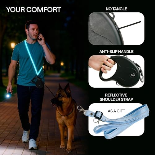 Retractable Dog Leash for Large Dogs up to 110 lbs – 17ft Long Hands Free Lead for Dogs – Reflective Heavy Duty Puppy Leash and Waist Dog Leashes for Training, Running, Outside – Correa para Perros