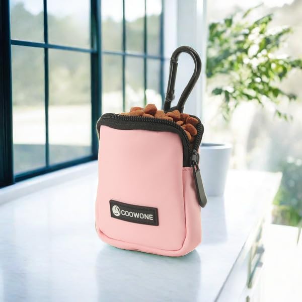 Dog Treat Pouch Pocket Sized Pet Puppy Training Pouch for Dog Training Behavior Aids, Waterproof Nylon Fabric Dog Poop Bag Holder, Hands Free Dog Walking Bag with Metal Carabiner (Pink)