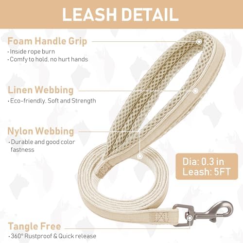 GAMUDA Small Pet Harness Collar and Leash Set, Step in No Chock No Pull Linen Fabric Soft Mesh Dog Vest Harnesses Reflective for Dogs Puppy Cats Kitten Rabbit (Khaki, L)
