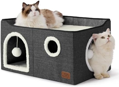 Bedsure Extra Wide Cat House Bed with Fluffy Ball and Scratch Pad