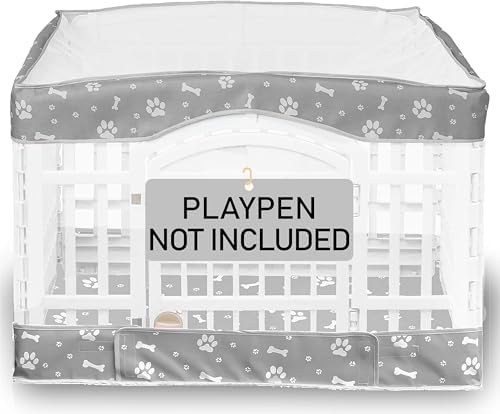 Dog Playpen Bottom Pad and Mesh Top Cover fit 36" x 36“ Puppy Playpen(Fence NOT Included),Reusable for Pet Training,Dog Crate,Waterproof Pet Pee Pads,Whelping,Puppies/Small Dogs,Hoop&Loop Design,Gray